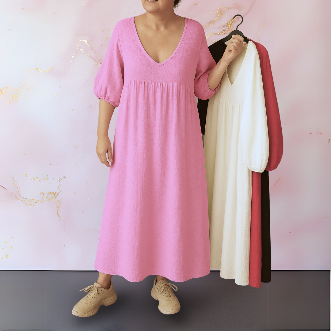 Anita – Ensfarvet V-Hals Kjole