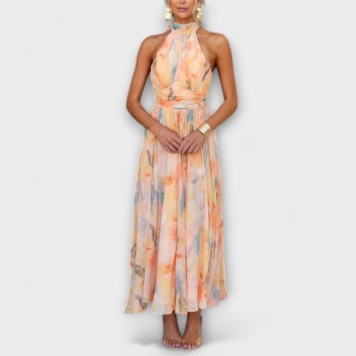 Halter - Neck Maxikjole med Akvarelprint
