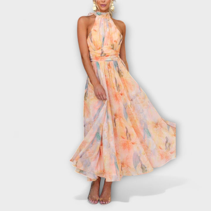Halter - Neck Maxikjole med Akvarelprint