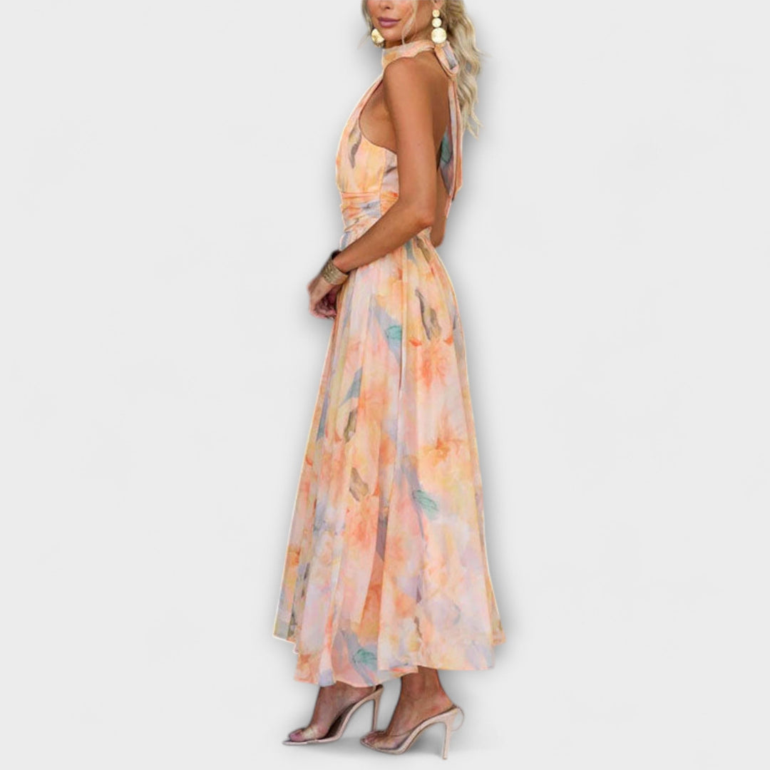 Halter - Neck Maxikjole med Akvarelprint