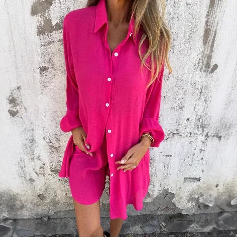 Nina – Casual Ensfarvet Bluse og Shorts-Sæt